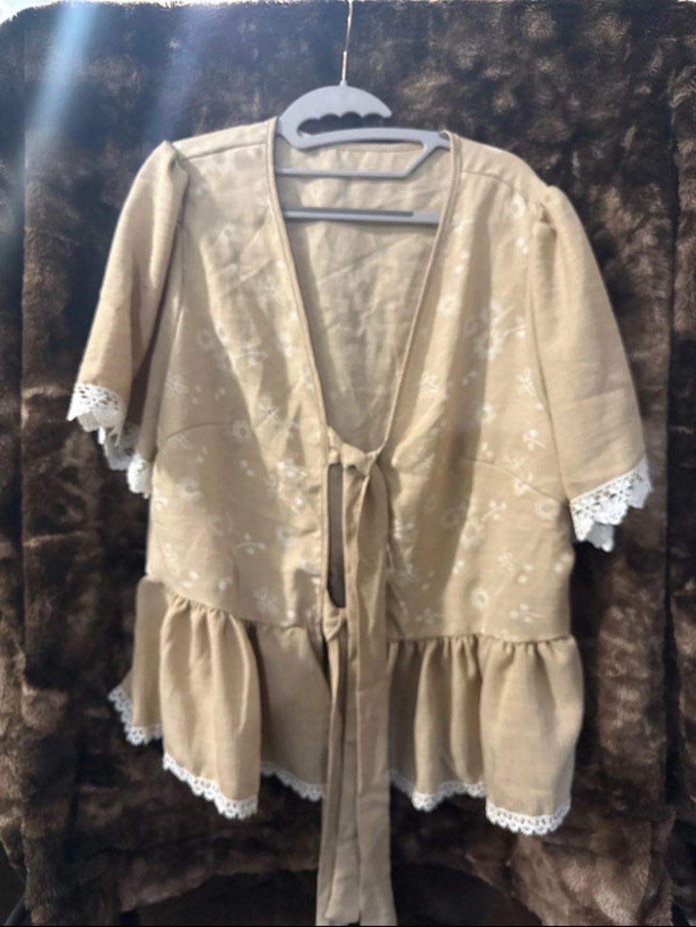 Linen-Blend Tie-Front Peplum Jacket in Beige